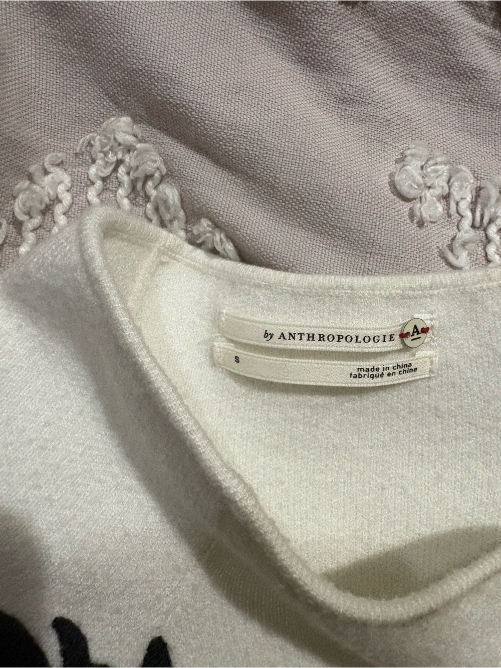 Anthropologie White Crewneck Sweater with Black Floral Applique - Picture 2 of 2